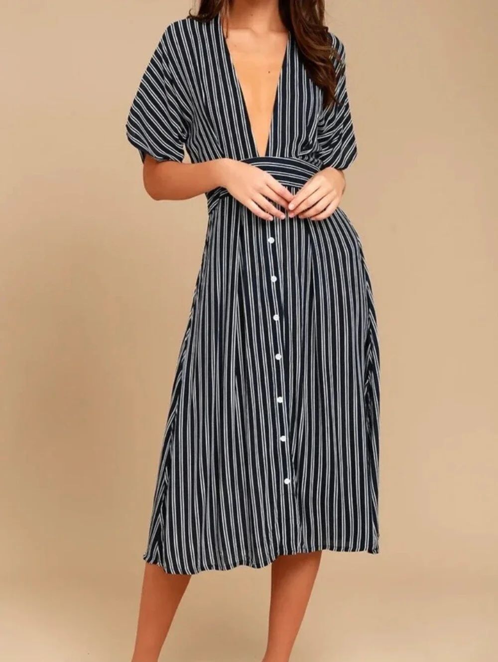 Faithful The Brand  Navy and White Striped Midi Dress. Deep Neckline.